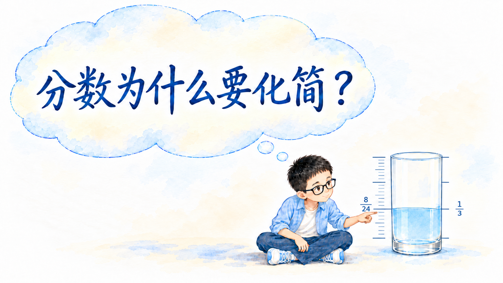 哥哥观察量杯：二十四分之八和三分之一标记在相同水位。