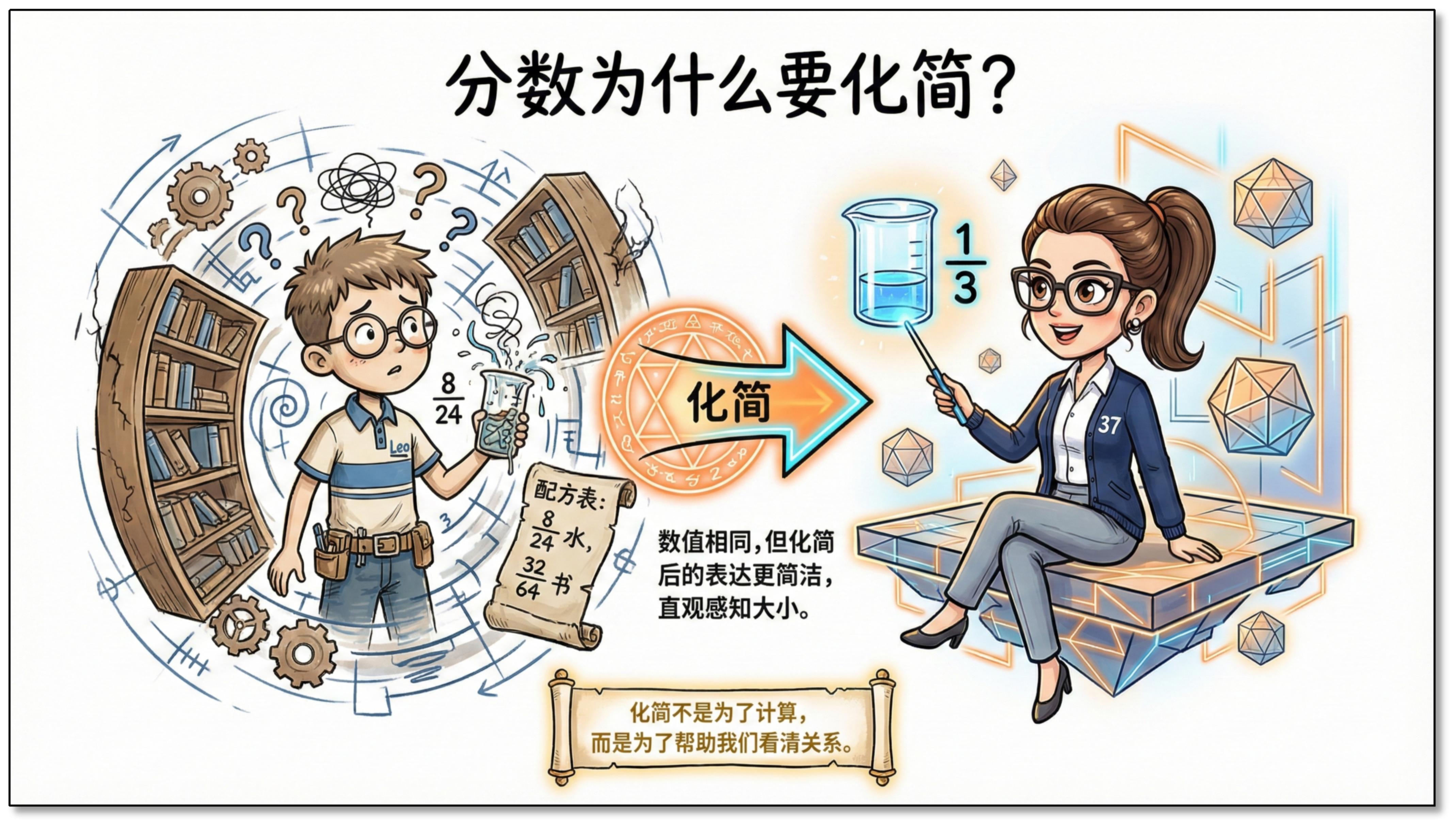 分数为什么要化简？8/24 化简为 1/3，化简不是为了计算，而是为了帮助我们看清关系